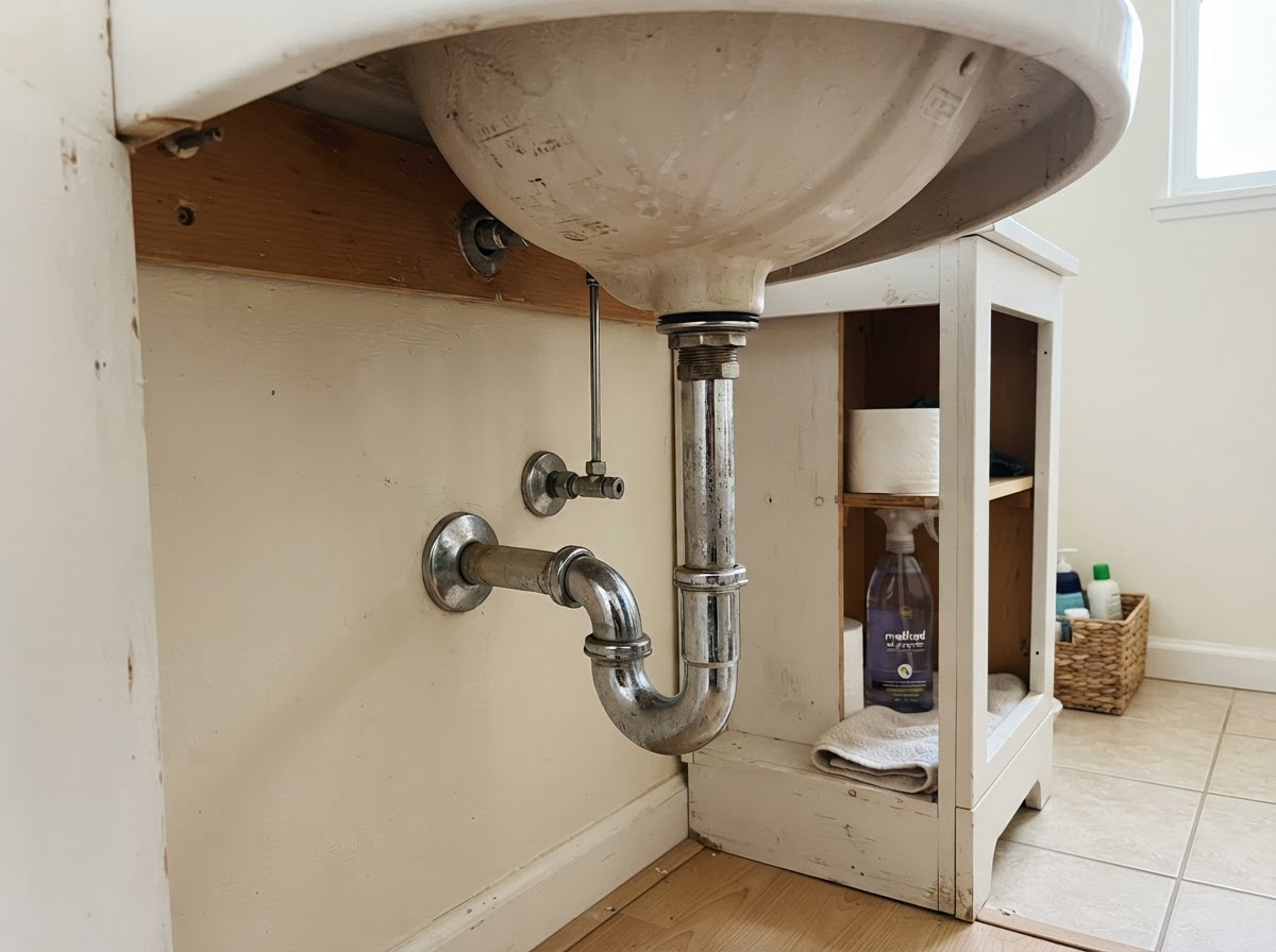 Bathroom sink drain and trap plumbing under a vanity in a San Diego home