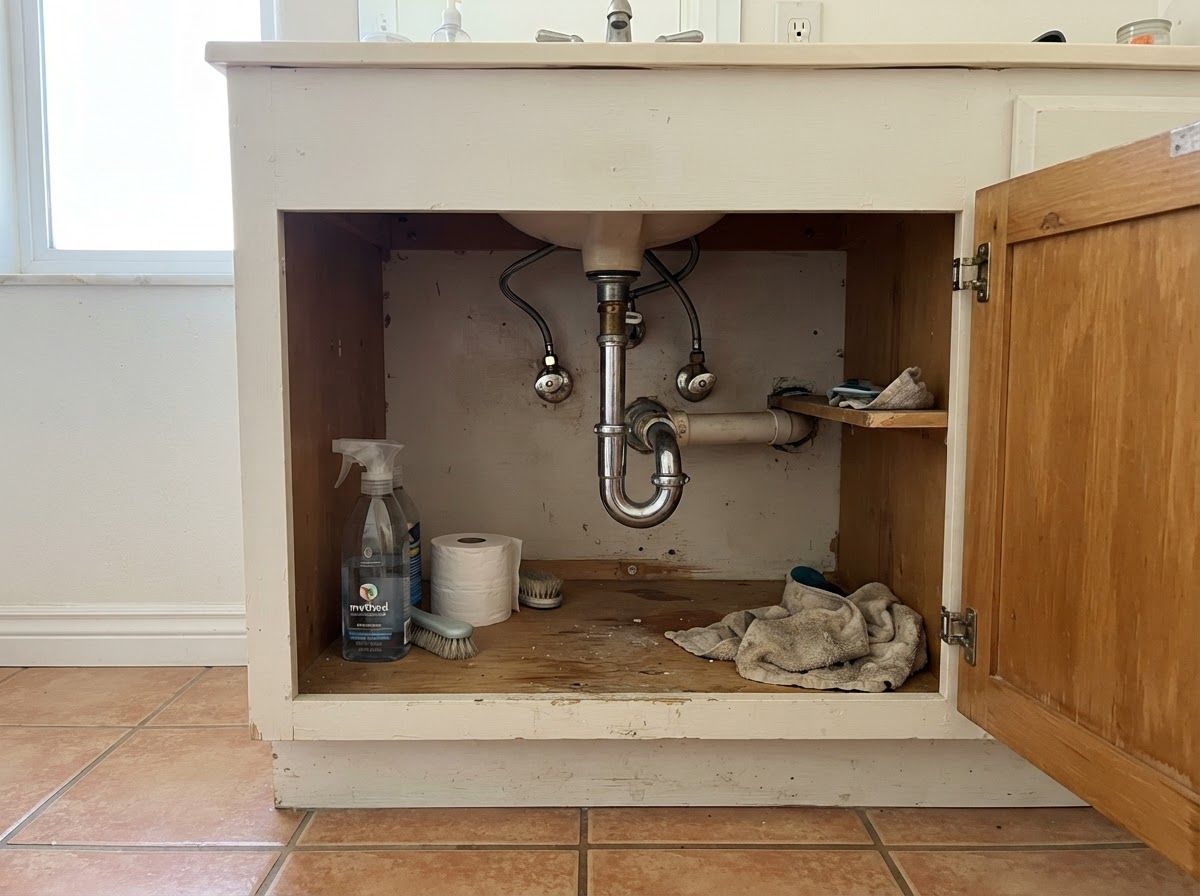 Bathroom vanity plumbing with supply lines and drain in a San Diego home
