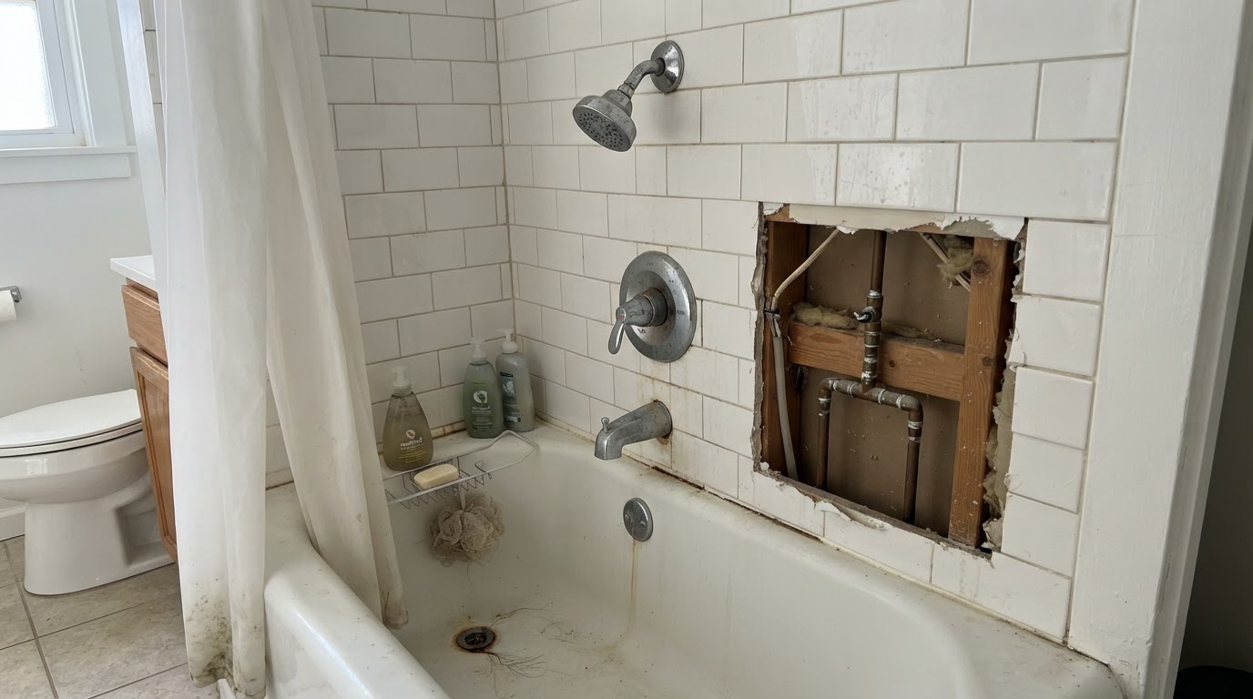Shower fixture and drain in a residential San Diego bathroom
