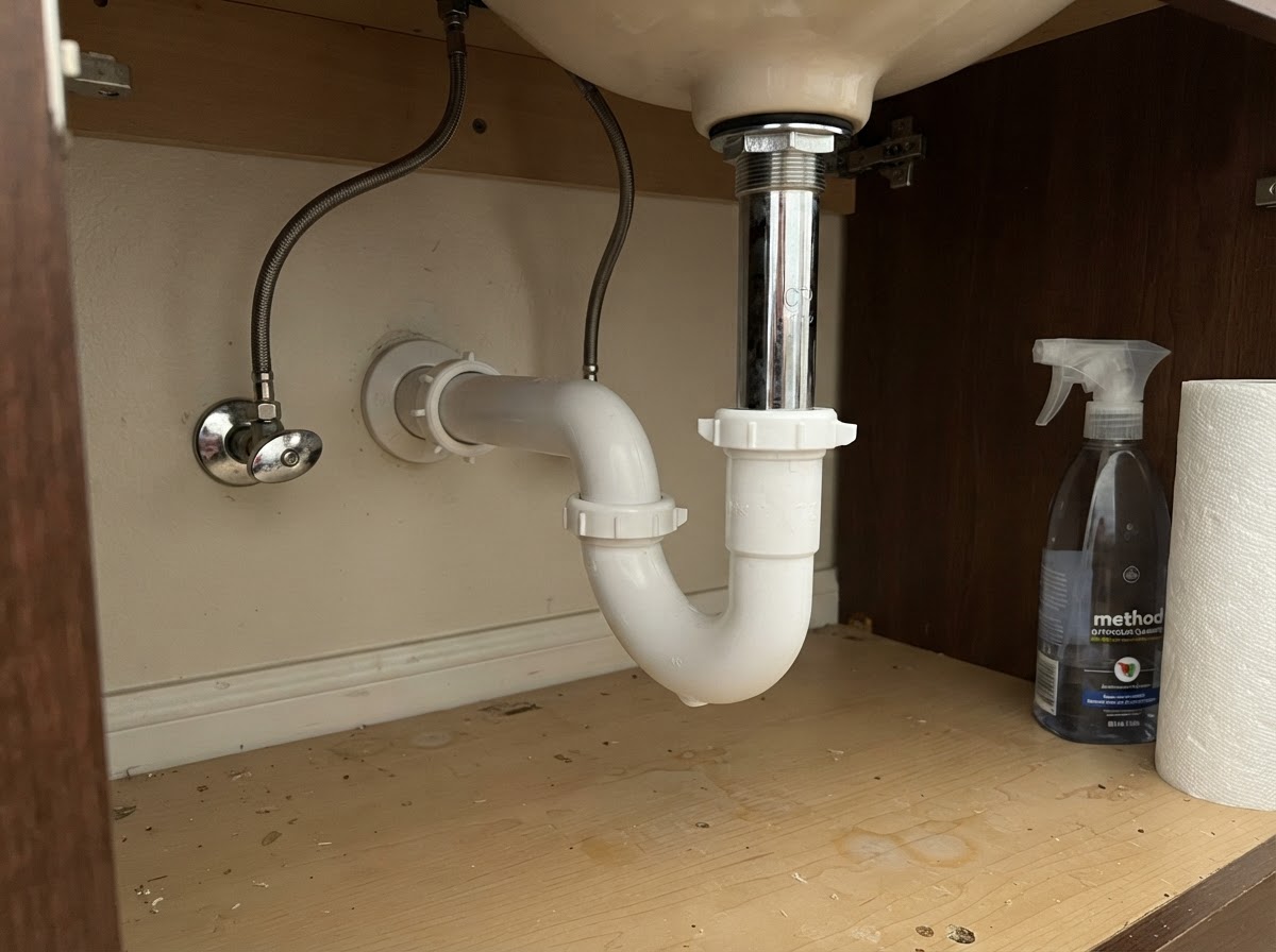 Cleaned residential drain opening and p-trap under a bathroom sink in San Diego