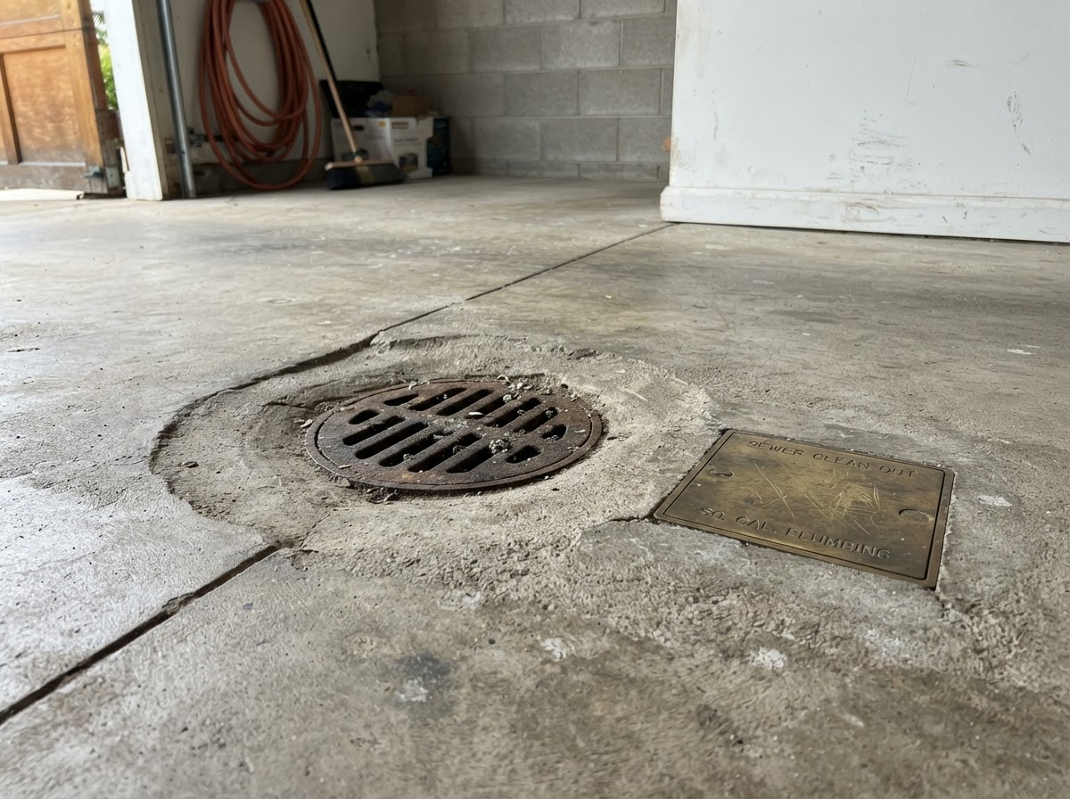 Floor drain and cleanout in a residential utility area in San Diego