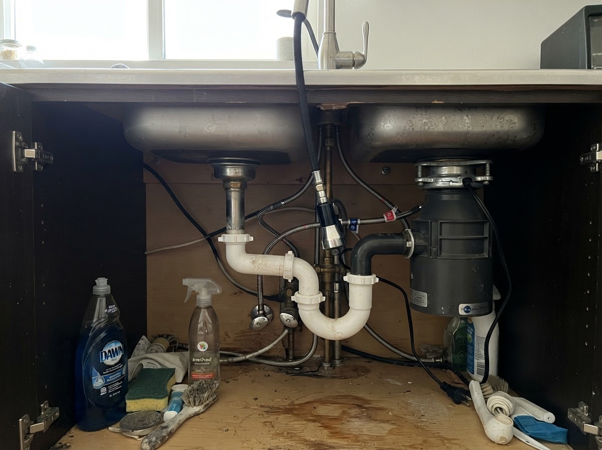 Kitchen sink faucet, sprayer, and drain plumbing in a San Diego residence