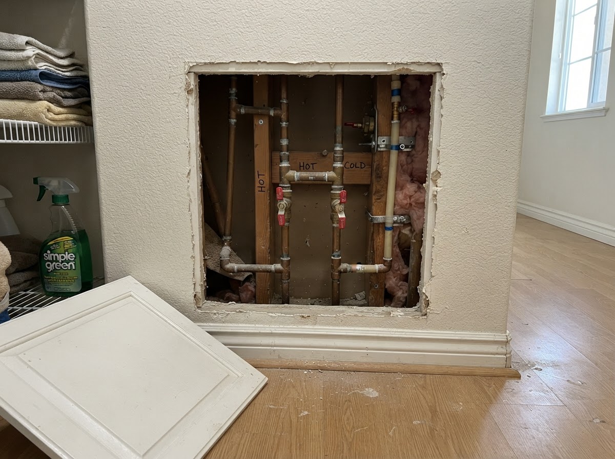 Plumbing pipes and valves in a residential wall access panel in San Diego