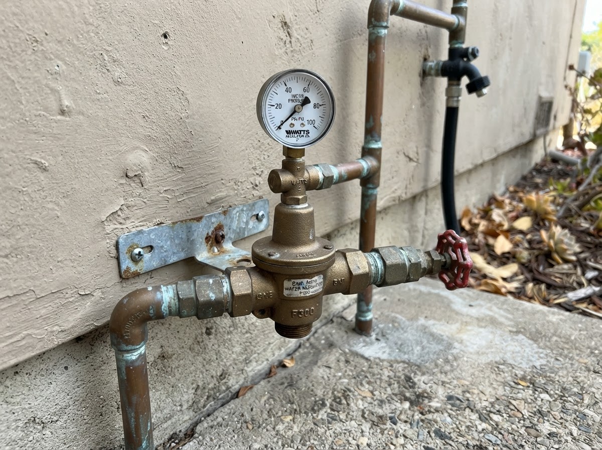 Water pressure regulator and supply gauge on a residential line in San Diego