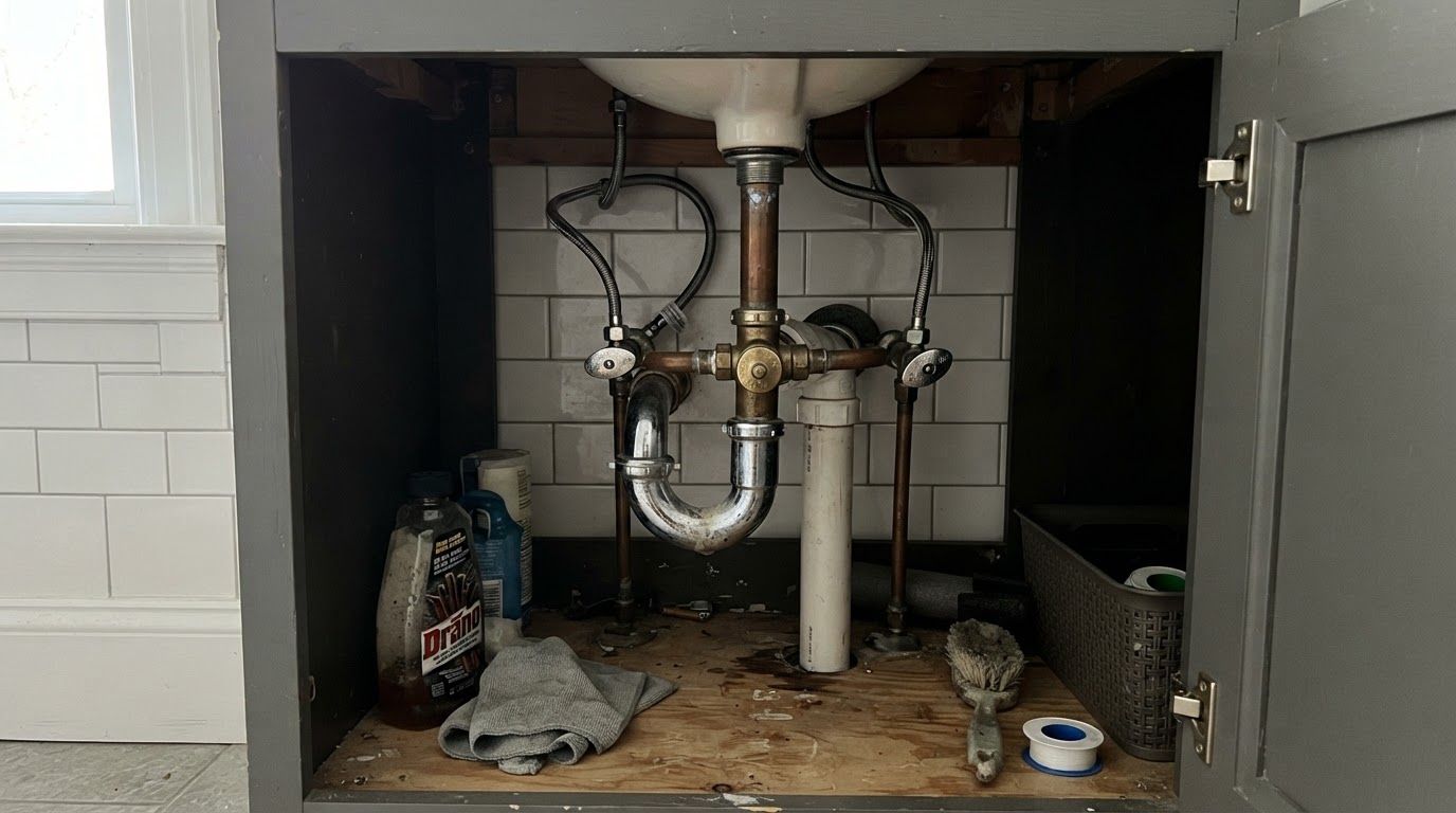 Under-sink plumbing with p-trap and supply lines in a San Diego home