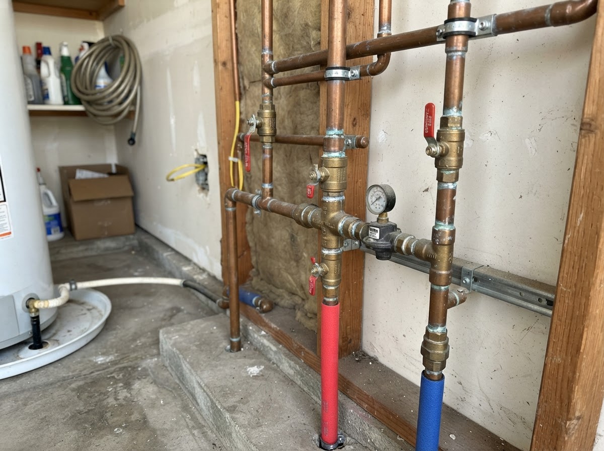Copper water supply pipes and fittings in a San Diego home utility area