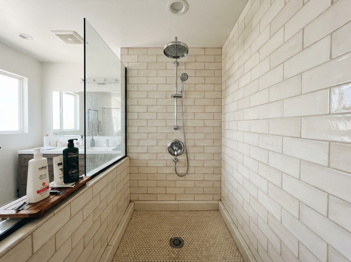 Shower fixture and drain in a residential San Diego bathroom