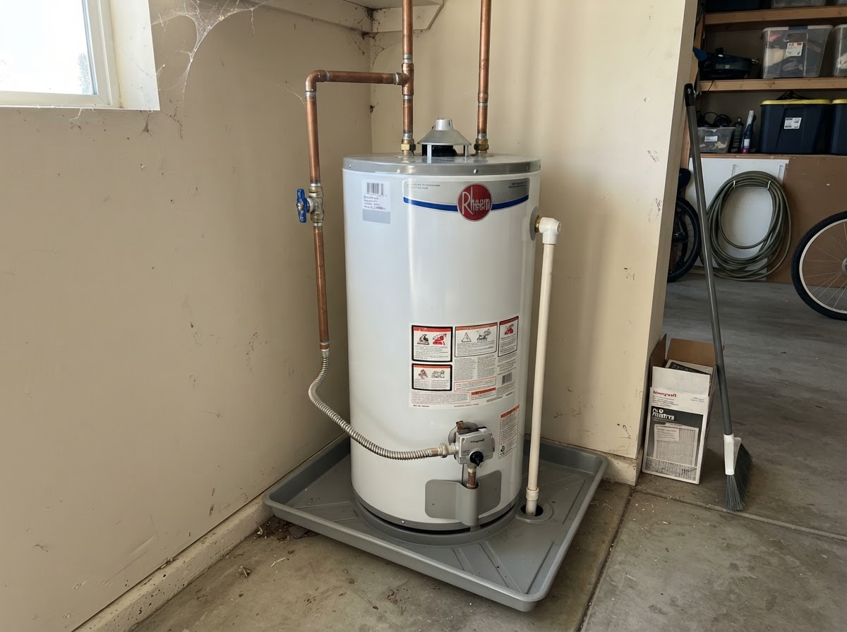 New residential water heater installed in a San Diego garage utility area