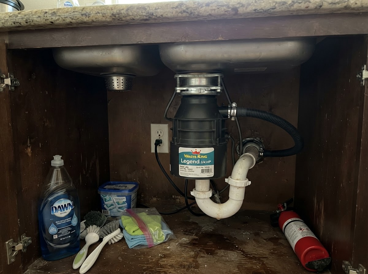 Kitchen sink garbage disposal and drain connection in a San Diego residence