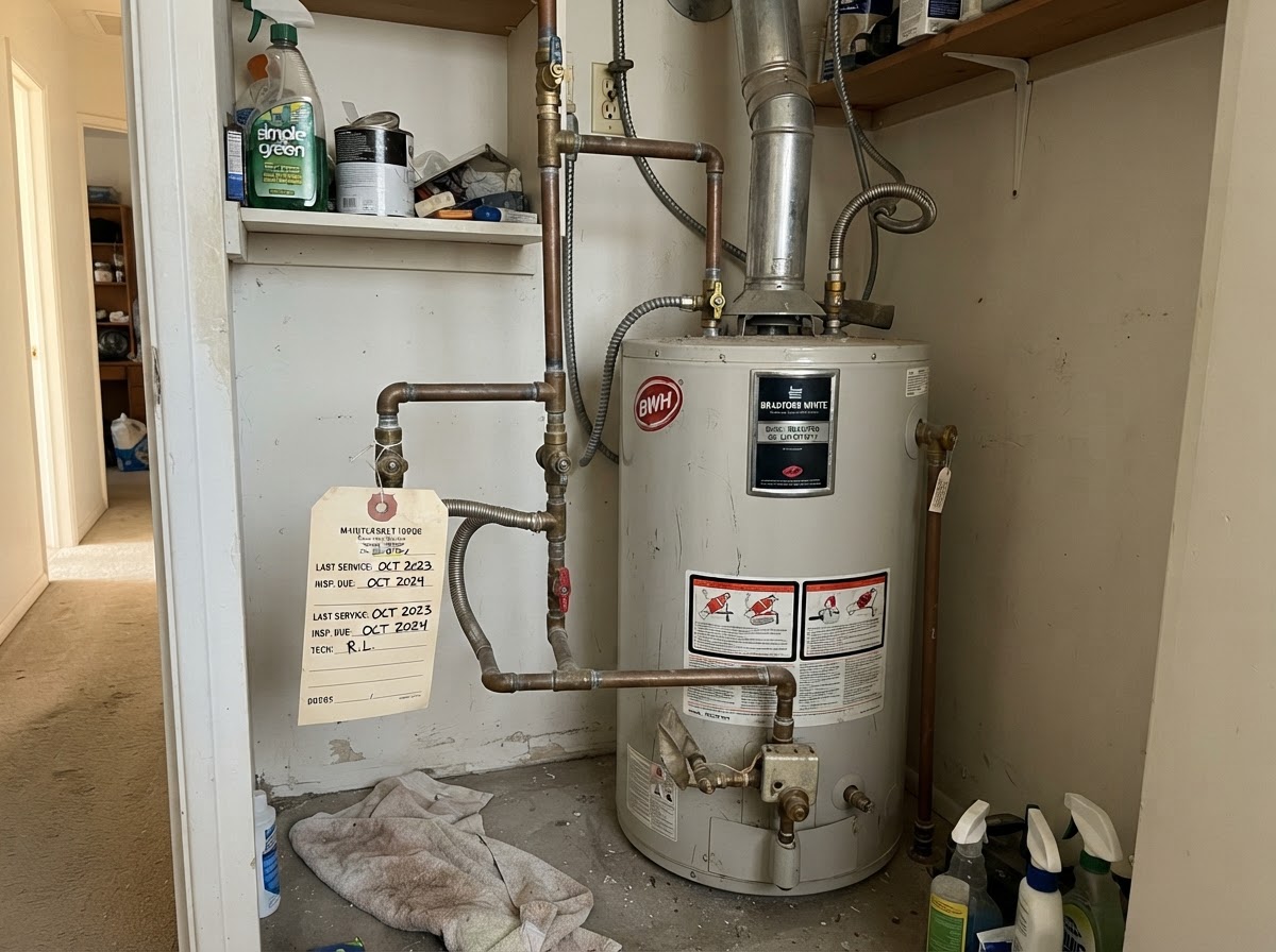 Residential water heater and surrounding pipes in a San Diego utility closet