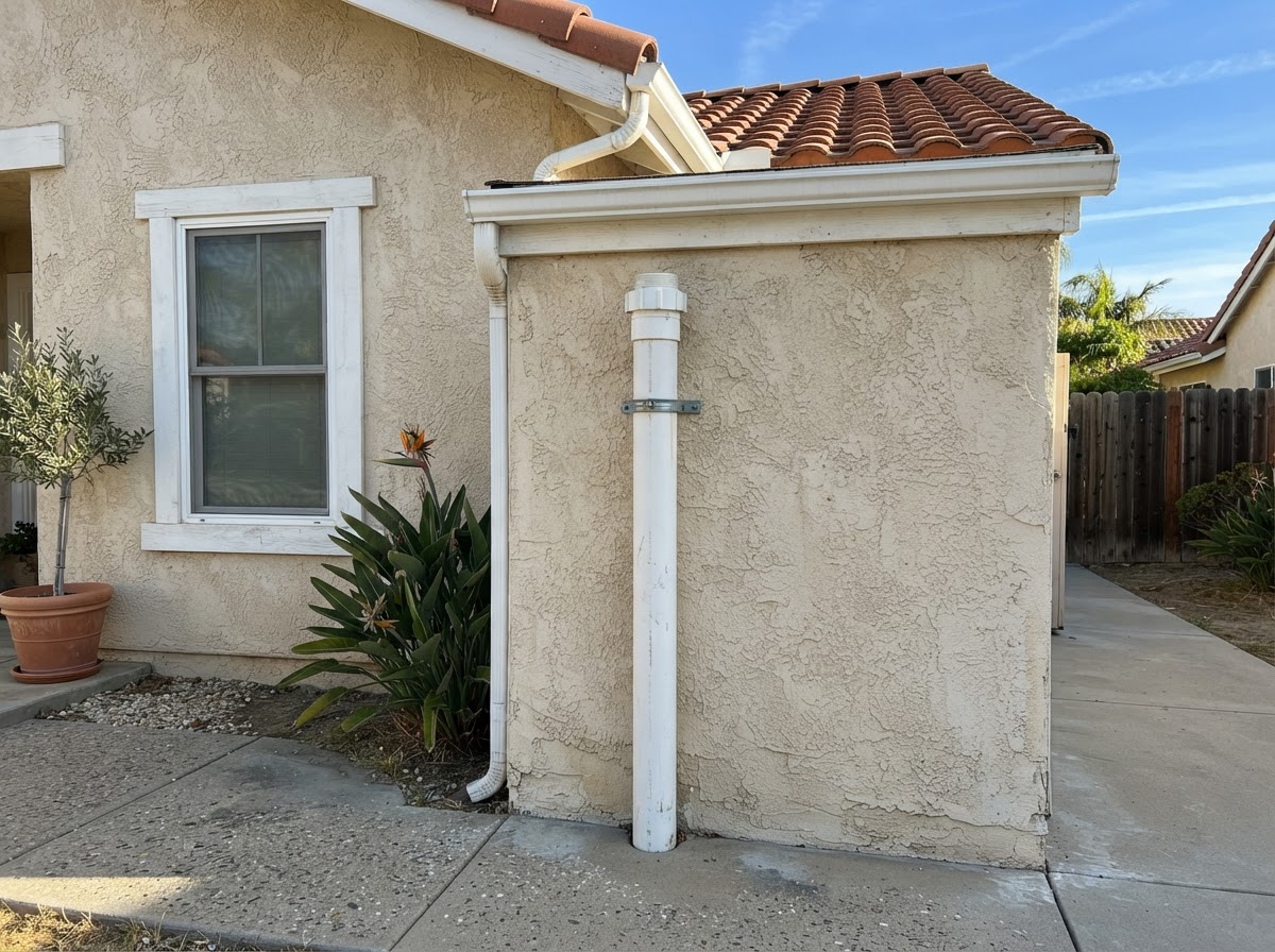 Exterior sewer cleanout pipe on the side of a San Diego residence