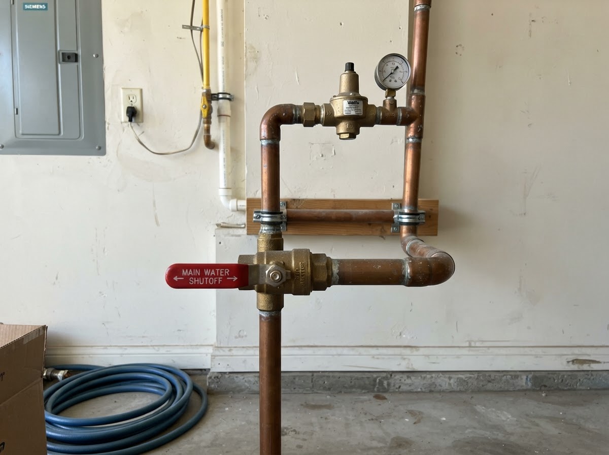 Residential water pipes and shutoff valve in a San Diego home utility area