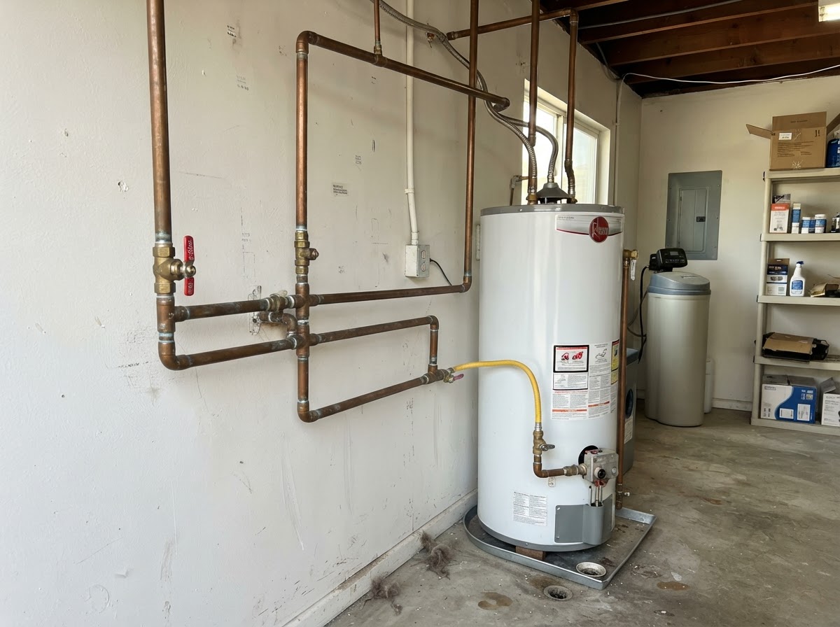 Residential plumbing fixtures and shutoff valves in a San Diego utility area