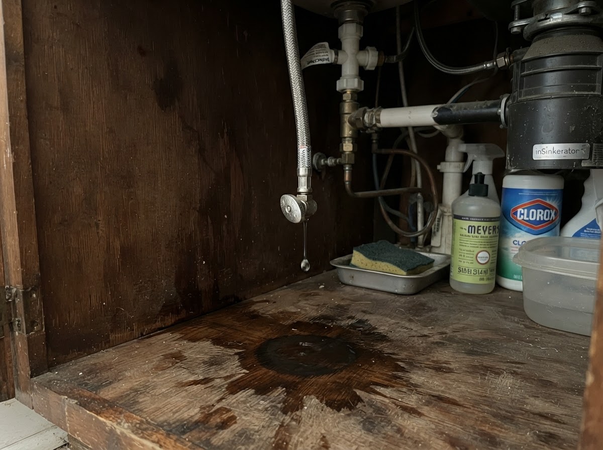 Water supply line and shutoff valve under a kitchen sink in a San Diego residence