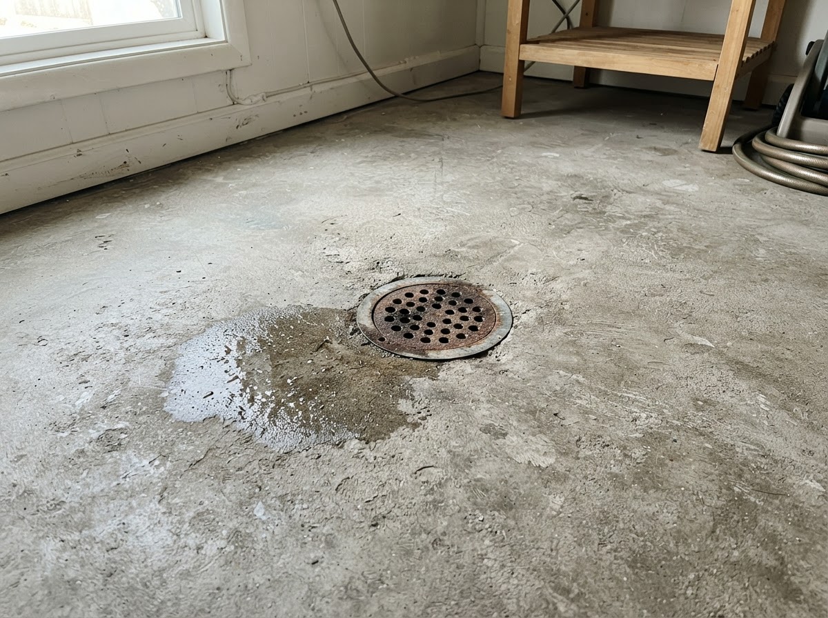 Concrete slab floor with a floor drain in a San Diego residence