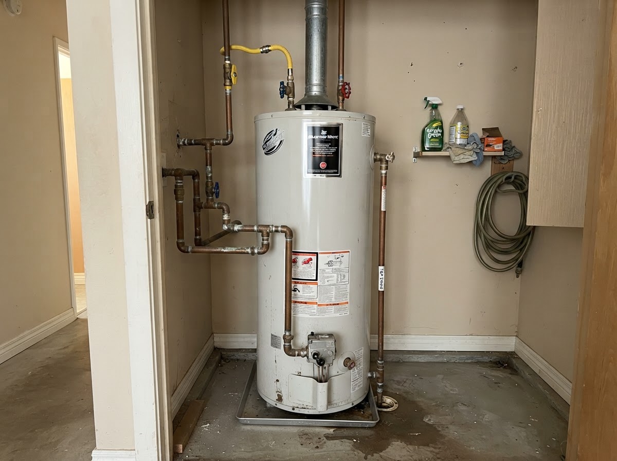 Residential tank water heater in a San Diego utility closet