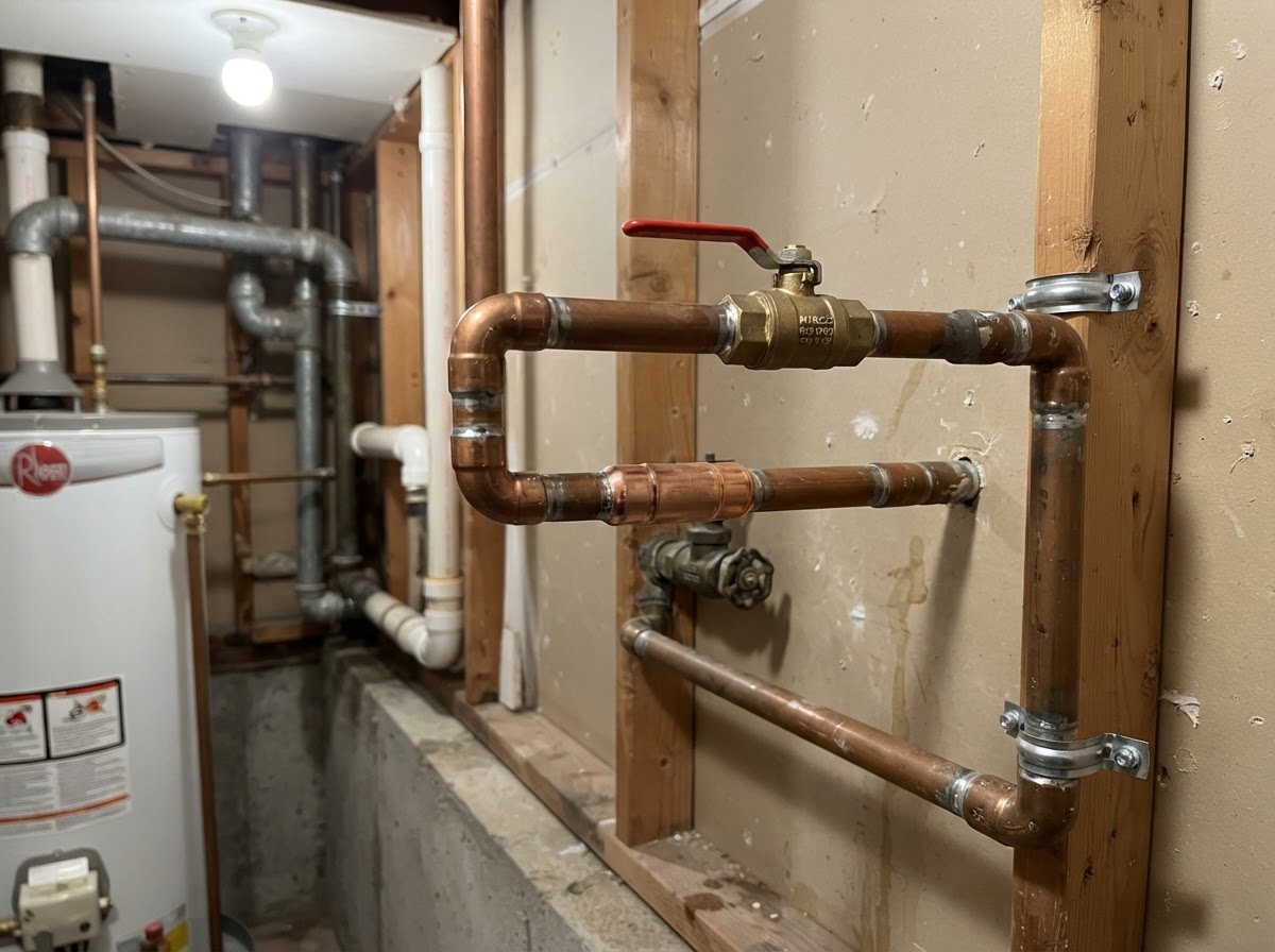 Kitchen sink supply lines and drain trap visible under a cabinet in a San Diego residence