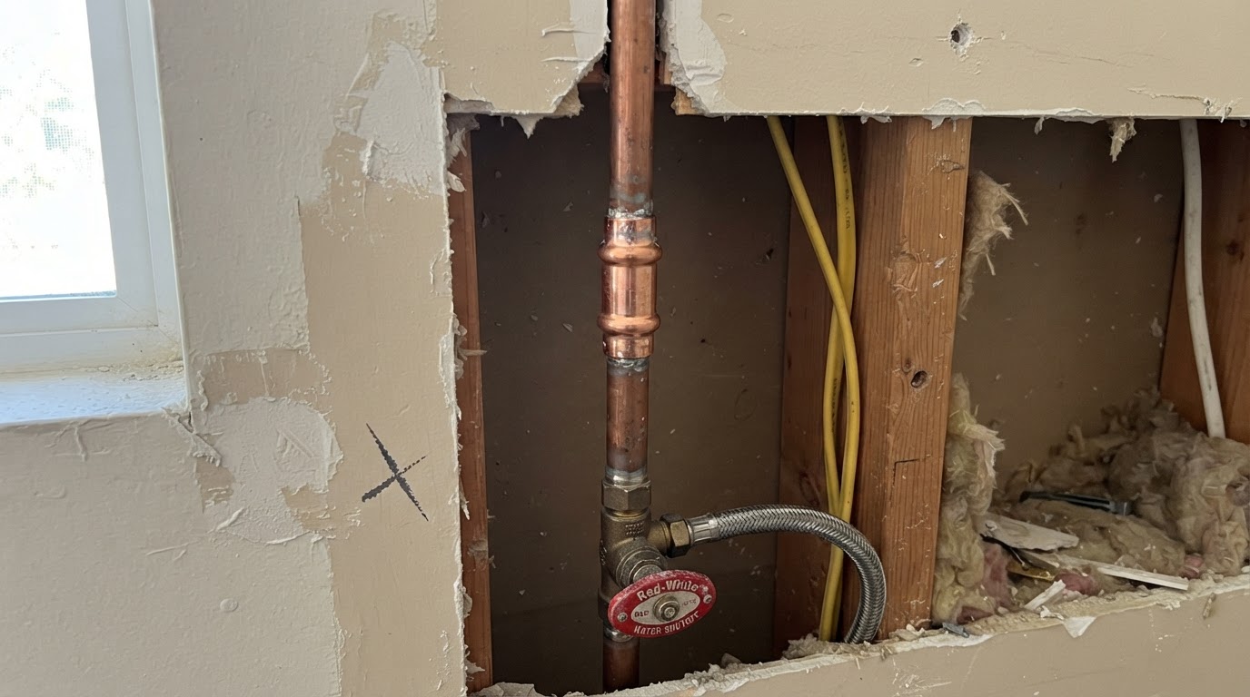 Copper water supply pipes with valves running along a San Diego home ceiling joist