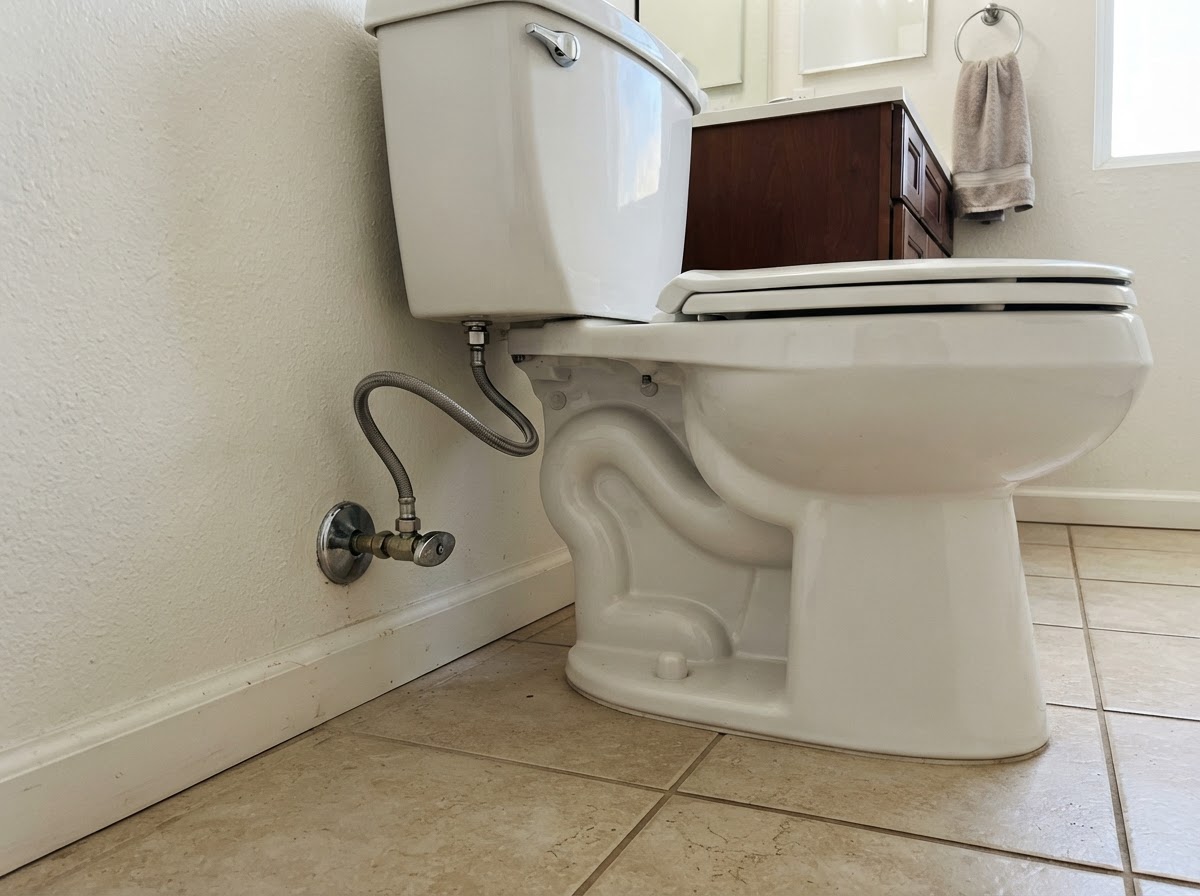 Standard toilet with tank and supply line in a San Diego residential bathroom