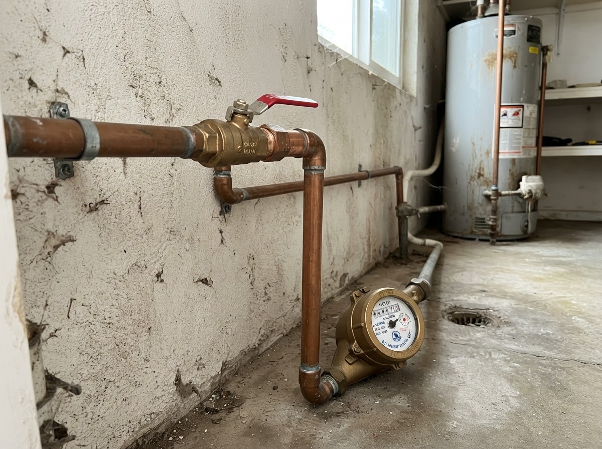 Main water shutoff valve and meter in a San Diego utility area