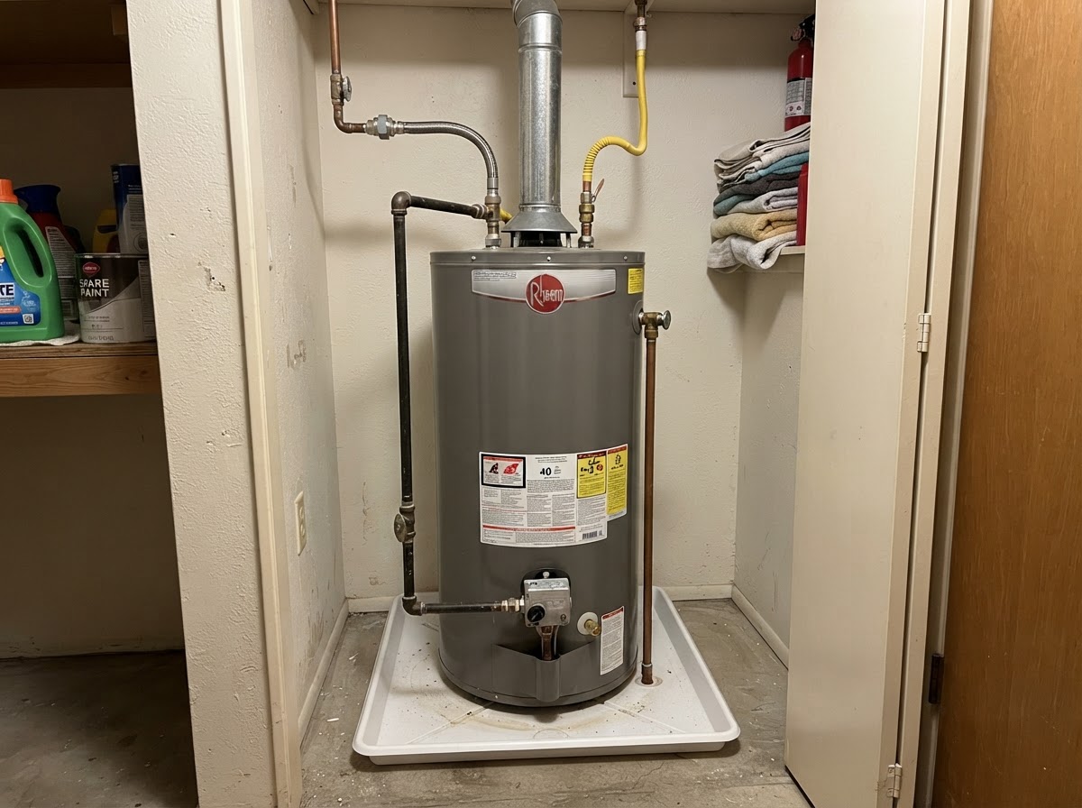 Tank water heater with supply lines and T&P valve in a San Diego utility closet