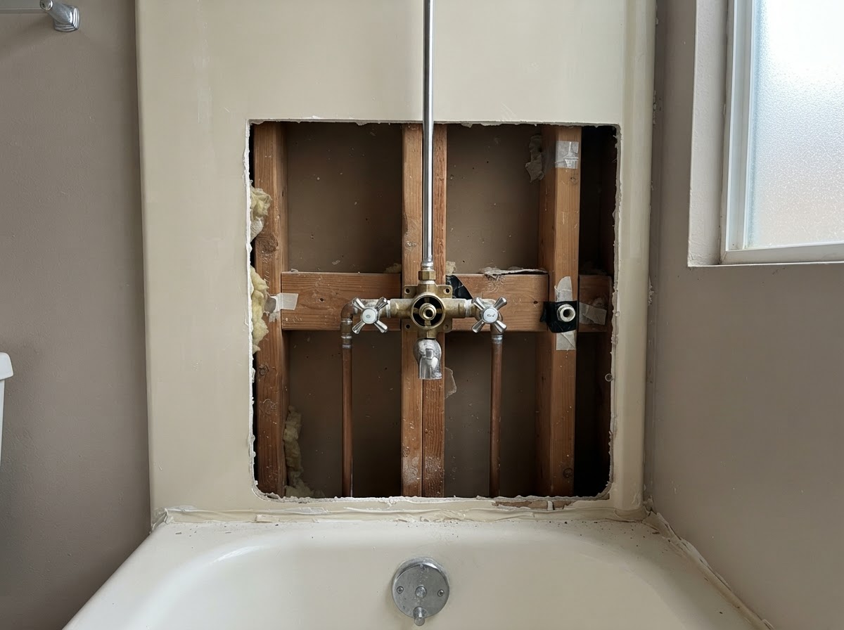 Shower valve and showerhead above a tiled bathroom wall in a San Diego residence