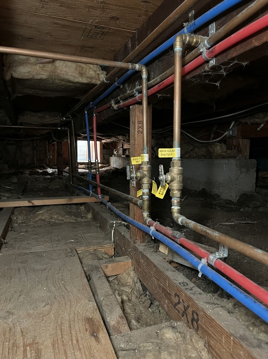 Plumbing environment 7: fixtures, pipes, and water heater components in a San Diego property