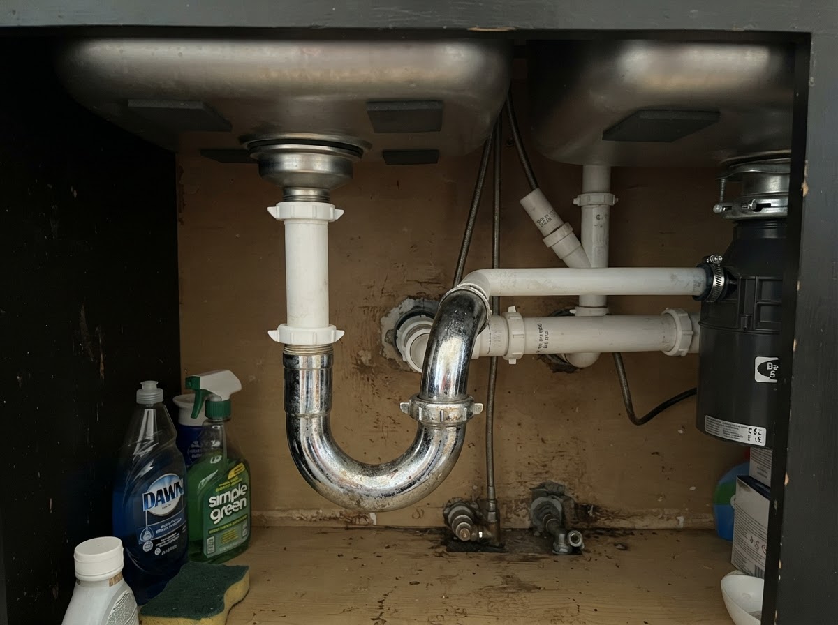 Cleaned kitchen sink drain and P-trap with chrome fittings in a San Diego residence