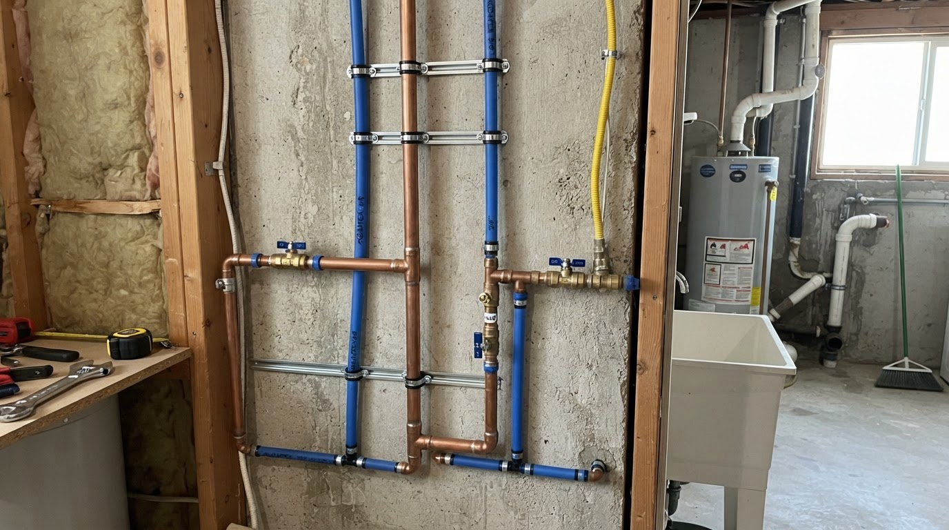 Residential laundry room with exposed supply lines and shutoff valves in a San Diego home