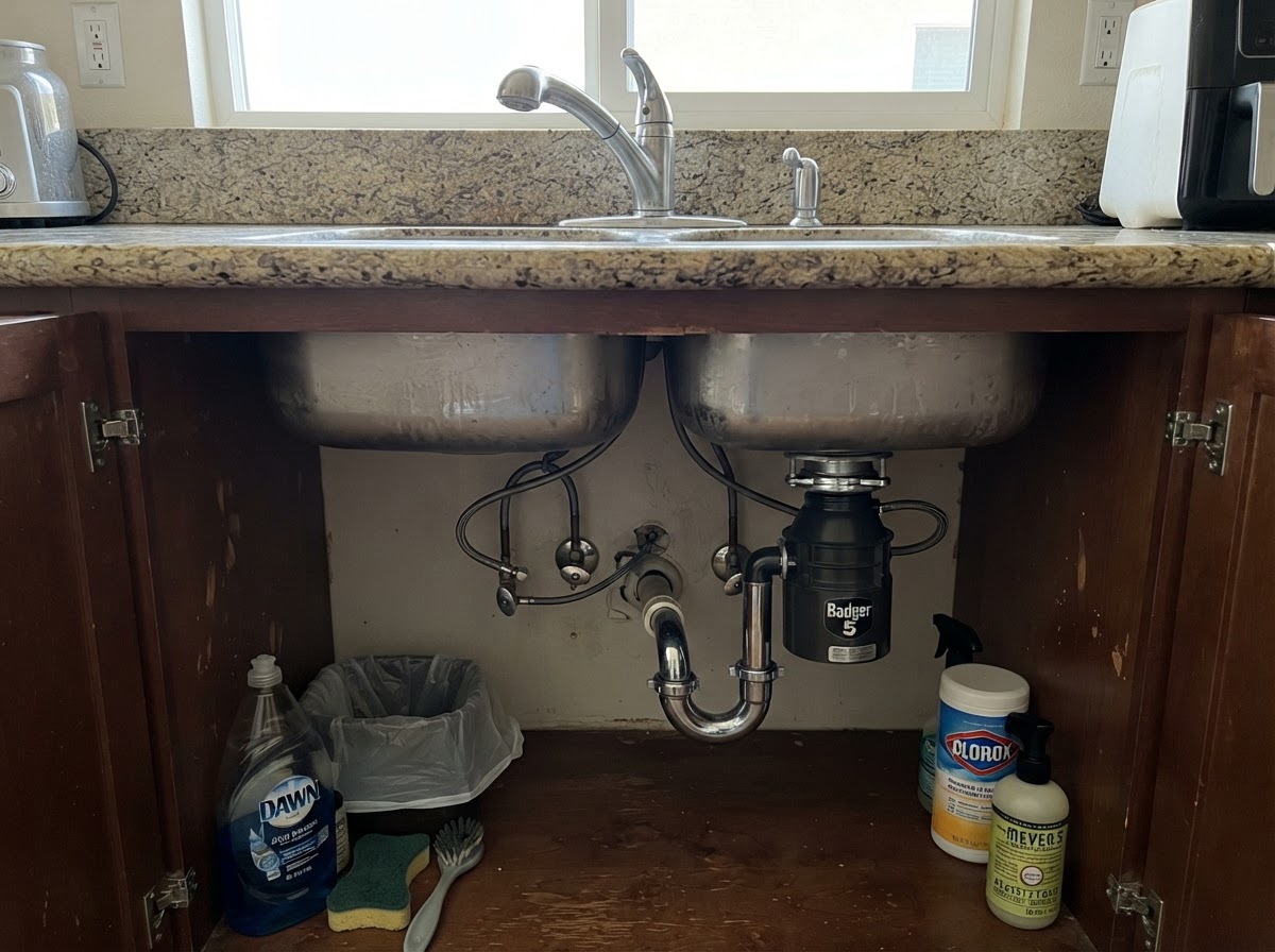 Bathroom sink drain tailpiece and P-trap under a vanity in a San Diego residence