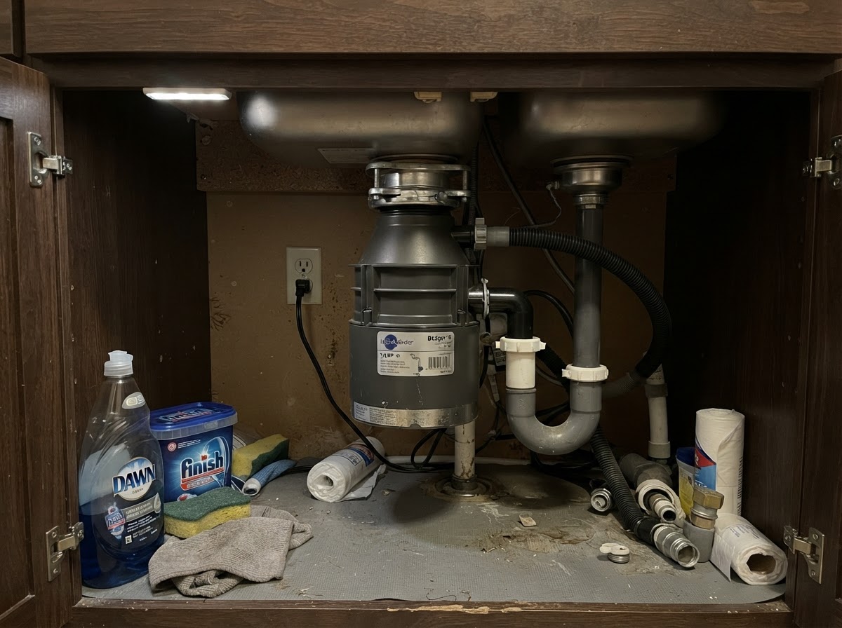 Under-sink garbage disposal unit mounted to a kitchen drain in a San Diego home