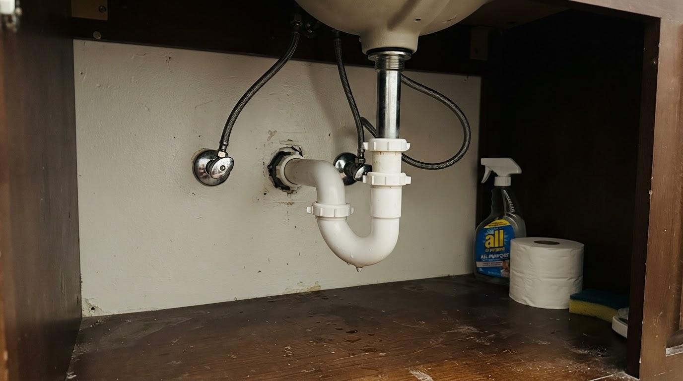 Brass shutoff valve and flexible supply line under a bathroom sink in a San Diego home