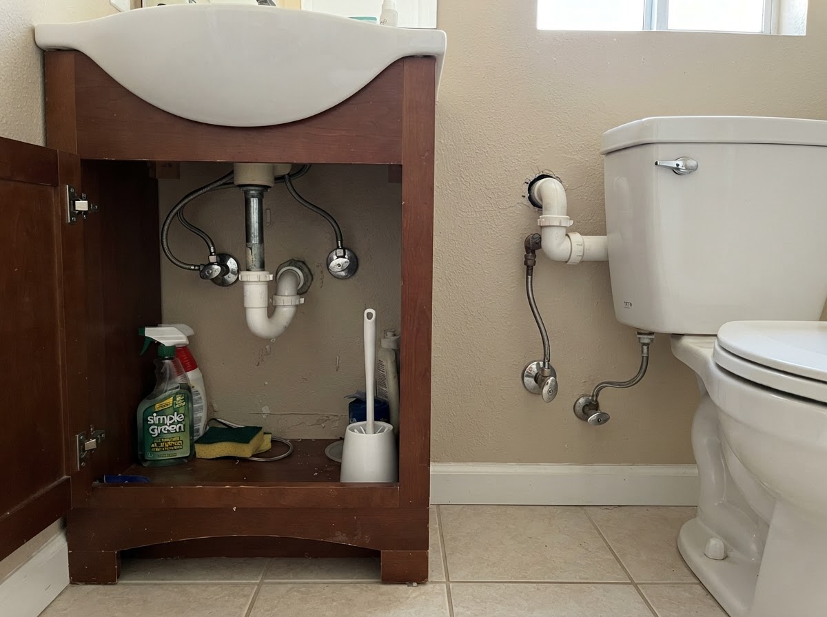 Bathroom plumbing with toilet, sink, and exposed supply lines in a San Diego home