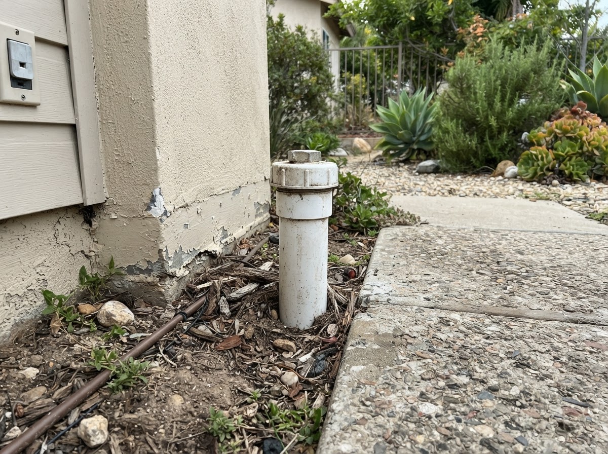 Sewer cleanout pipe extending from a foundation wall in a San Diego property
