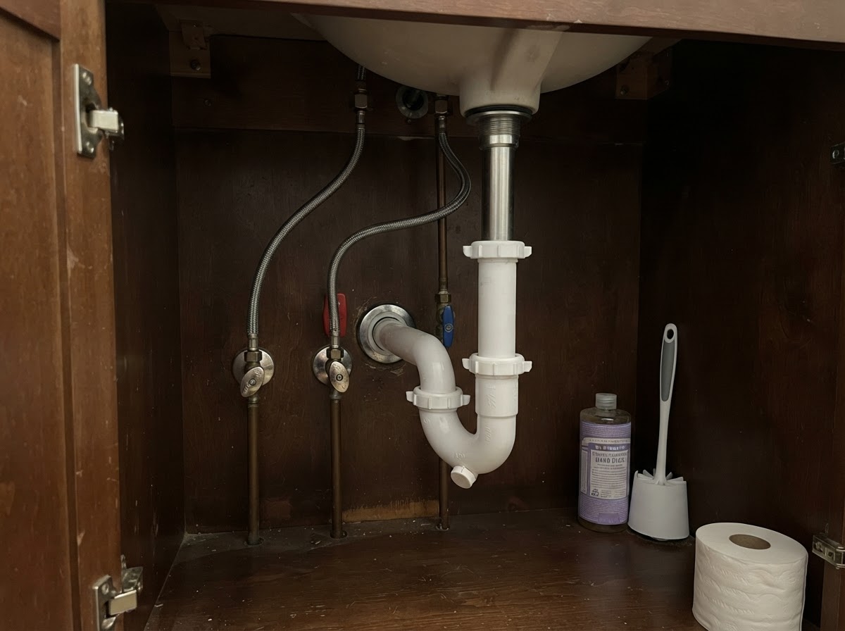 Under-sink plumbing with clean P-trap, drain pipe, and braided stainless steel supply lines inside a San Diego home