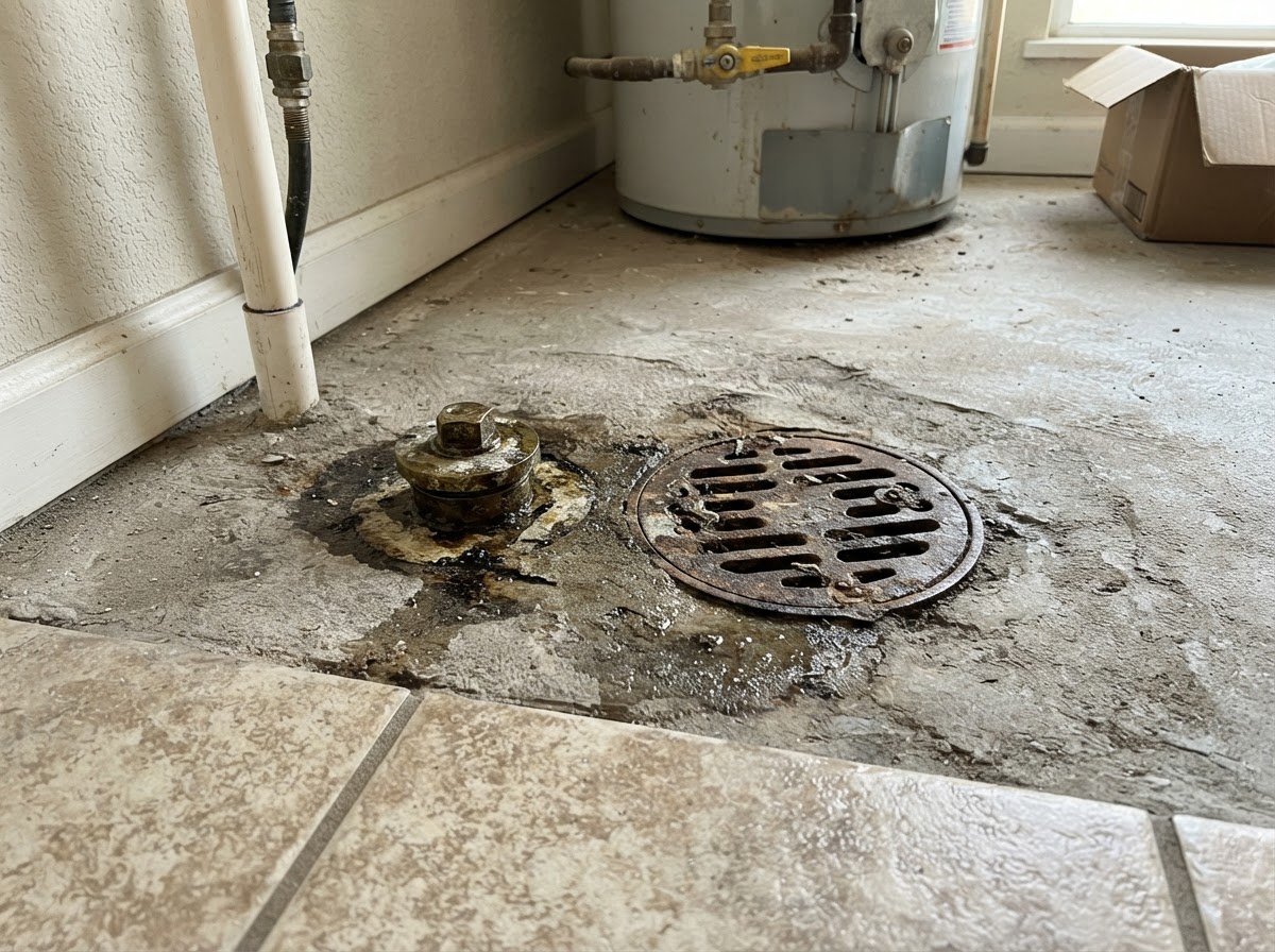 Floor drain and cleanout access in a San Diego basement utility area with surrounding pipes
