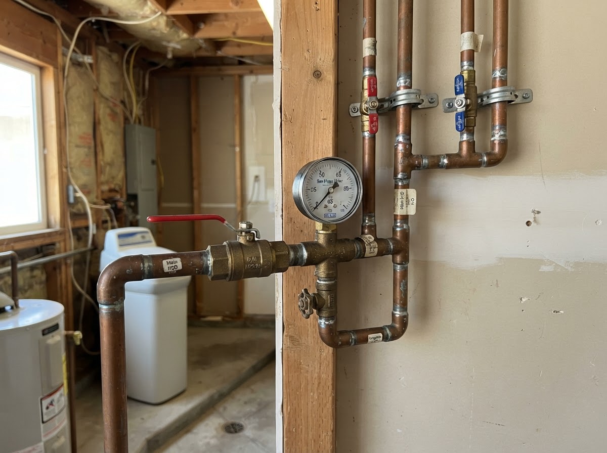 Plumbing shutoff valves and supply lines labeled on a wall in a San Diego utility area