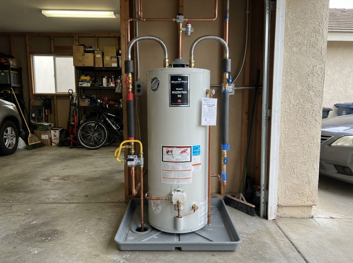 New tank water heater installed with insulated supply lines in a San Diego garage