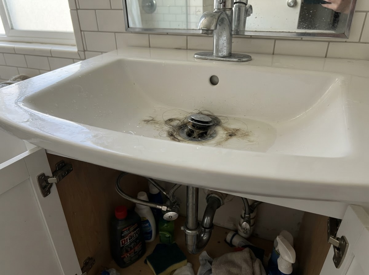 Bathroom sink drain with pop-up assembly and trap under a vanity in a San Diego home