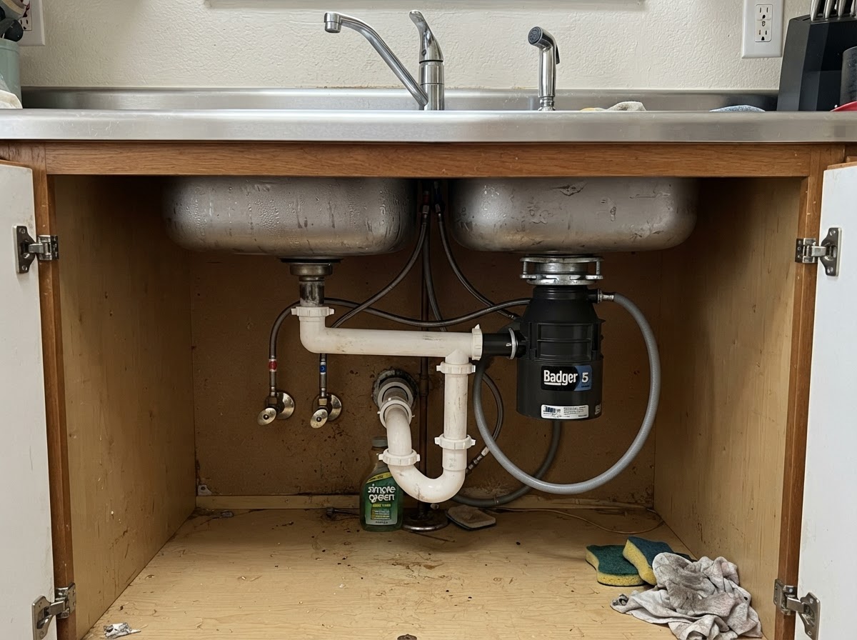 Kitchen sink with faucet, sprayer, and supply lines in a San Diego residence
