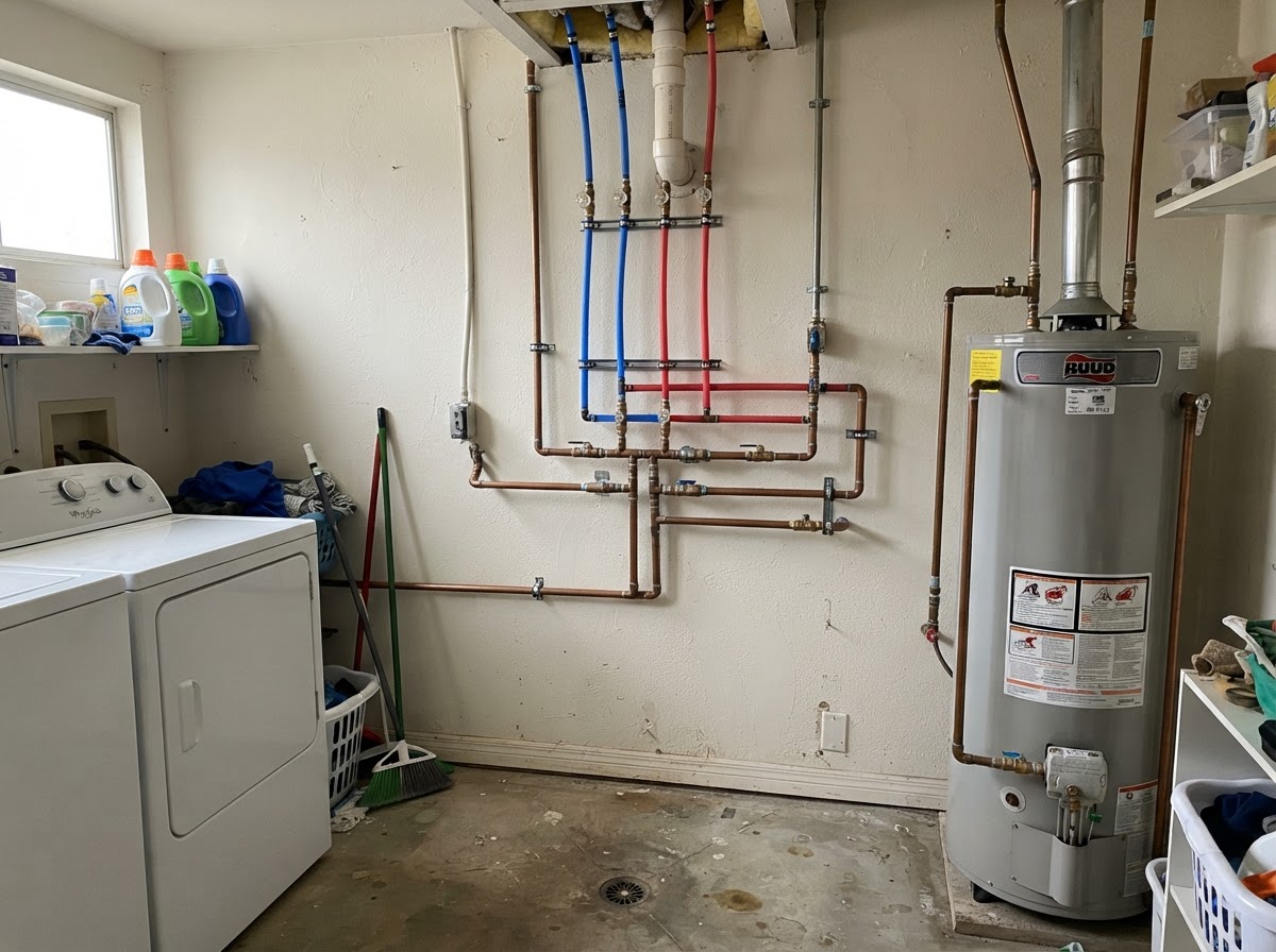 Plumbing tools and supply lines arranged in a San Diego utility room