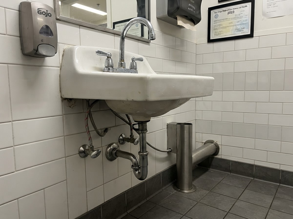 Commercial restroom with multiple sinks and exposed plumbing in a San Diego property