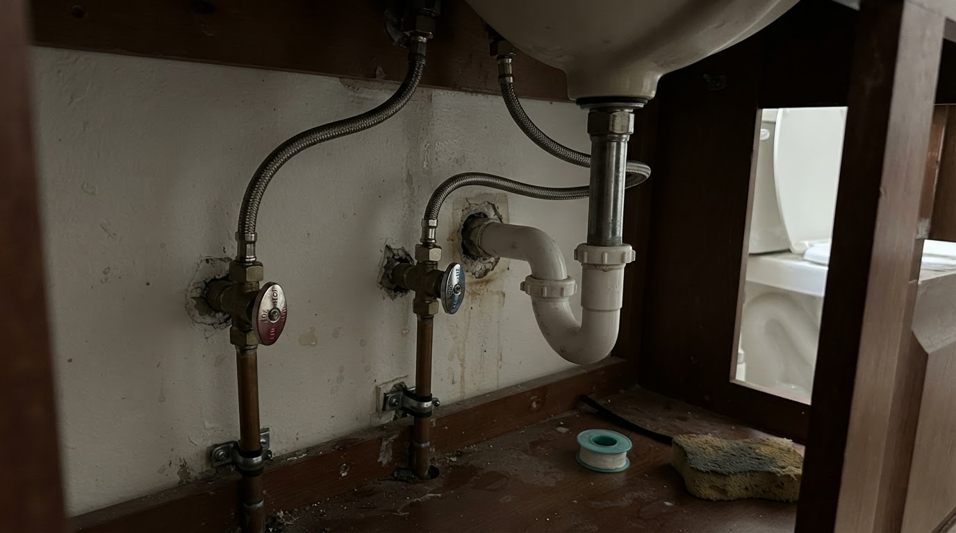 Water meter and main shutoff valve in a San Diego utility closet with surrounding pipes