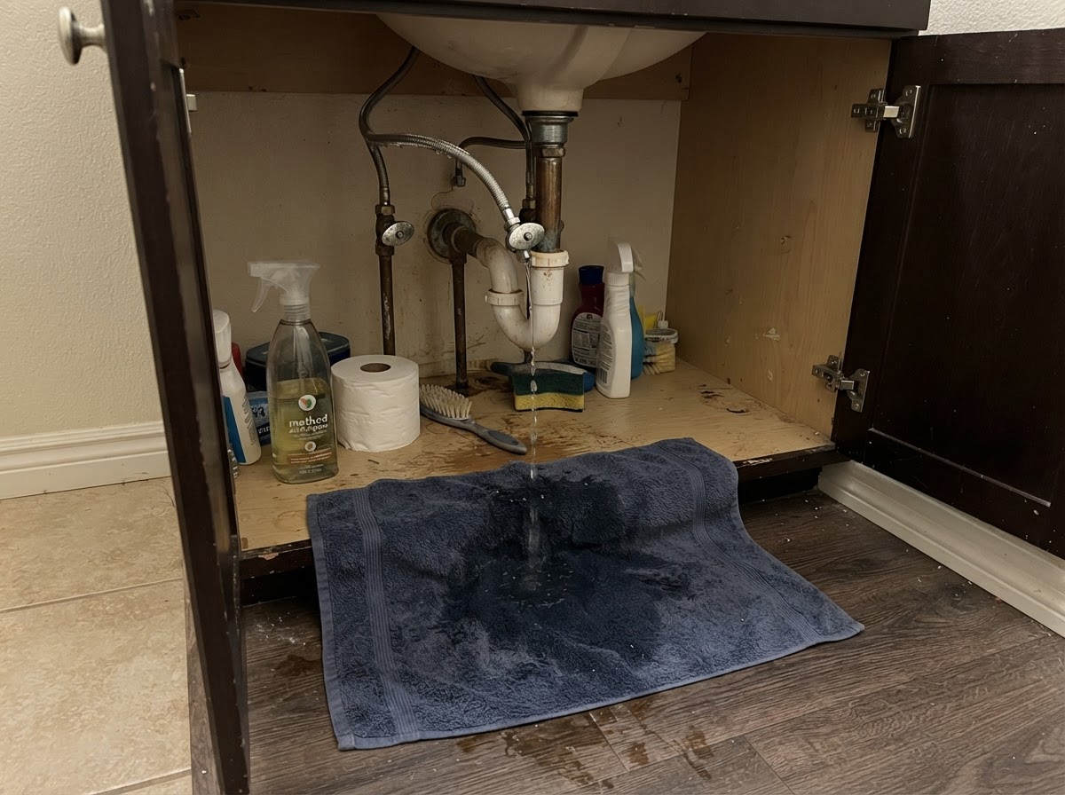 Under-sink plumbing with shutoff valves and supply lines in a San Diego home utility area