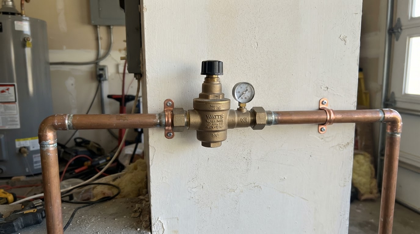Water pressure regulator valve on a main supply line in a San Diego home