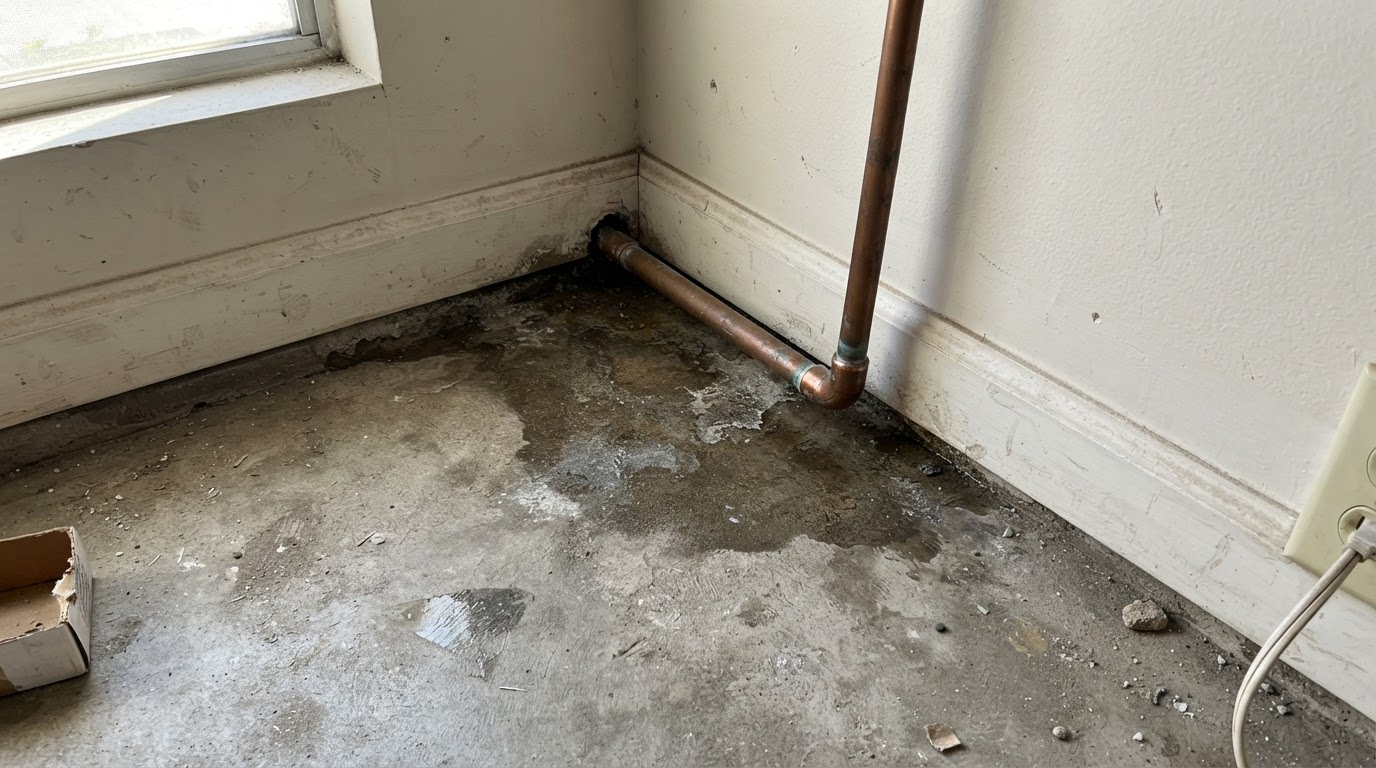 Concrete foundation floor with visible cracks near a wall in a San Diego home