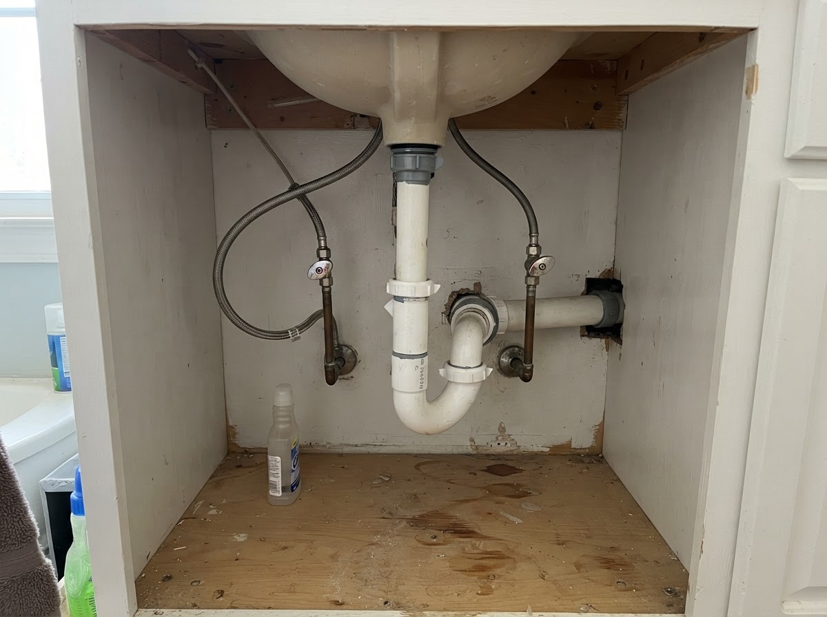 Under-sink plumbing connections and drain trap in a clean San Diego bathroom vanity