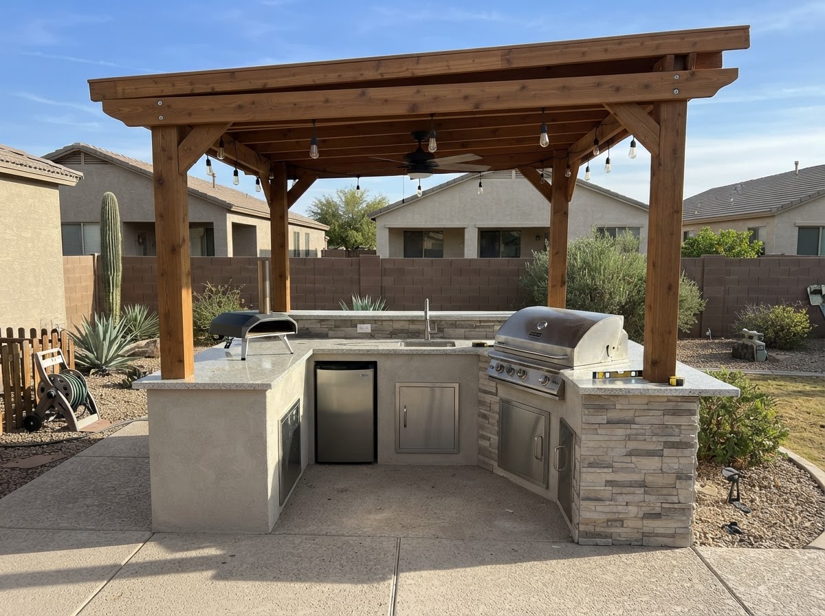 Freestanding pergola over an outdoor kitchen with quartz counters, grill, and pizza oven in Gilbert, Arizona