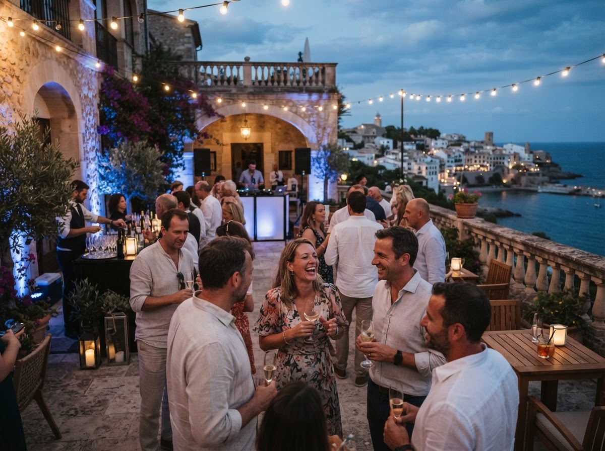 Terraza de hotel al atardecer con invitados y música ambiente