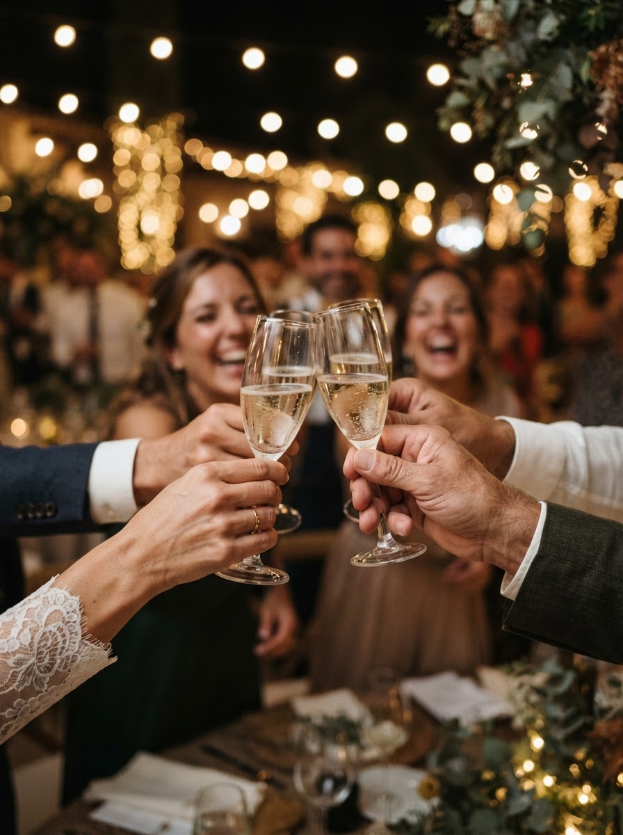 Brindis entre invitados en una celebración con luces cálidas de fondo